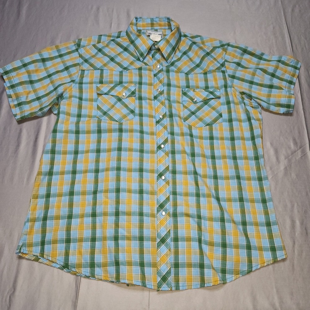 Wrangler‎ Wrancher Western Pearl Snap Shirt Mens XL Green Blue Yellow Plaid SS
